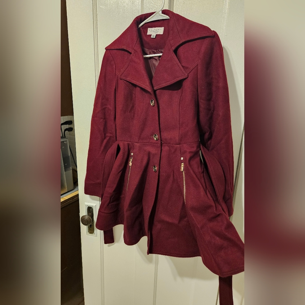 Laundry By Shelli Segal Deep Red Belted Wool Blend Peplum Coat - Picture 5 of 13